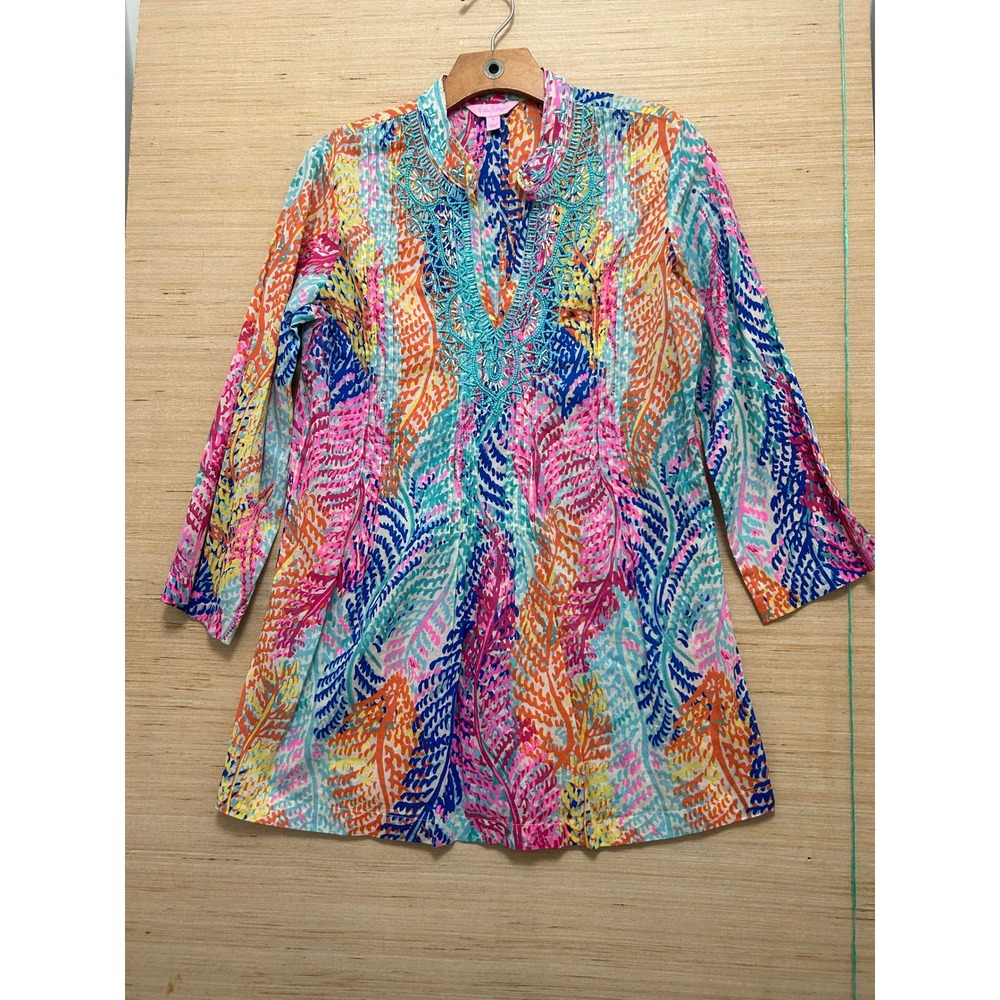 Lilly Pulitzer Embellished Tunic Dress Colorful Feather Print Long Sleeve Size S